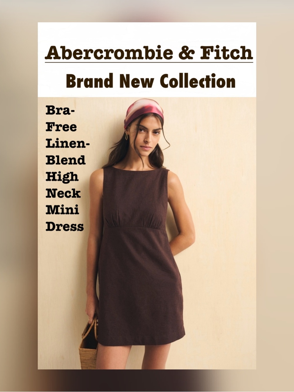 Abercrombie & Fitch Bra-Free Linen-Blend High Neck Mini Dress in Dark Coffee